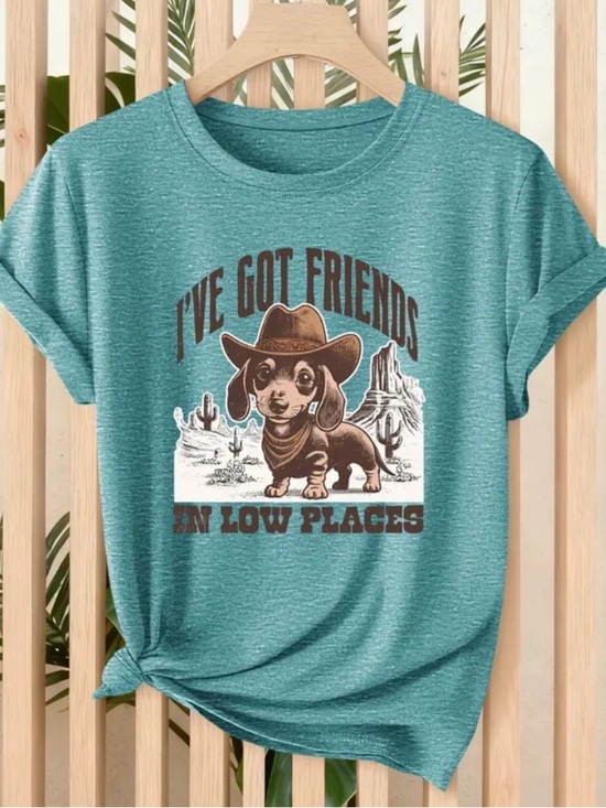 None Tops - DOG LOVER Heathered Teal Graphic Tee with Dachshund Friends in Low Places